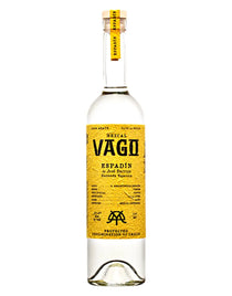 Vago Mezcal bottle with yellow label on a white background