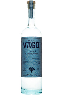 Vago Mezcal bottle with blue label on a white background