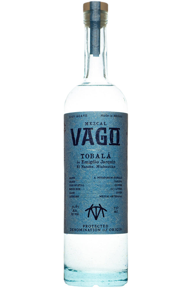 Vago Mezcal bottle with blue label on a white background