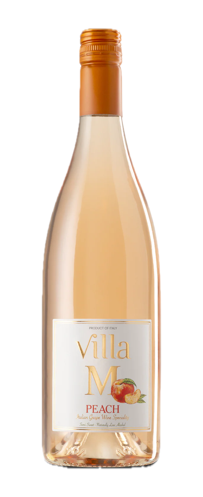 Bottle of Villa M Peach wine on a white background