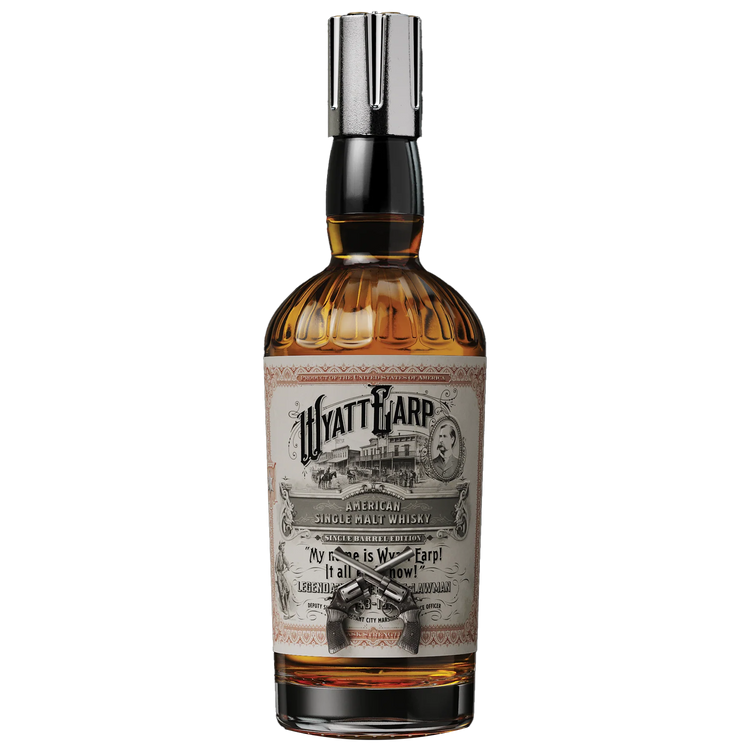 Bottle of Wyatt Earp American Whiskey with a detailed label on a white background