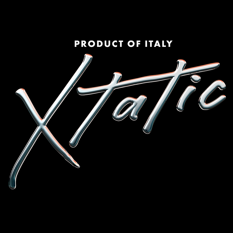 Metallic 'Xtatic' logo with 'Product of Italy' text on a black background