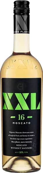 Bottle of XXL Moscato wine with a green label on a white background