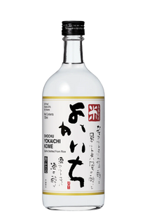 Alcohol bottle with a white label featuring black text and a red logo on a white background