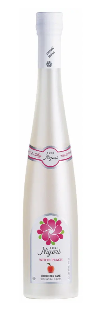 White bottle with a pink label featuring a floral design on a white background
