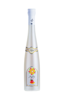 White bottle with a colorful label on a white background