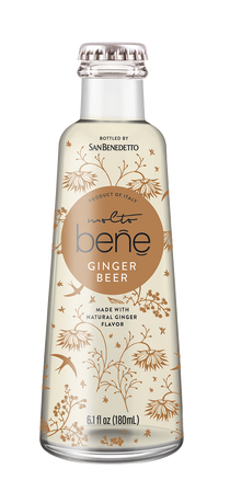 Bottle of San Benedetto Ginger Beer with floral design on a white background
