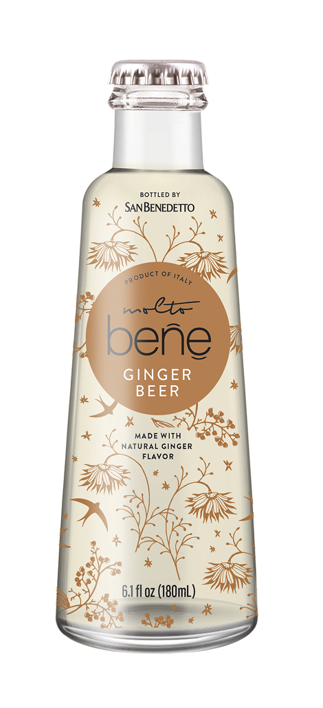 Bottle of San Benedetto Ginger Beer with floral design on a white background