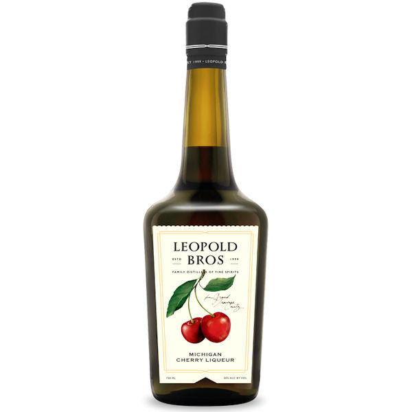 Bottle of Leopold Bros Michigan Cherry Liqueur on a white background