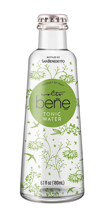 Bottle of San Benedetto tonic water with decorative label on a white background
