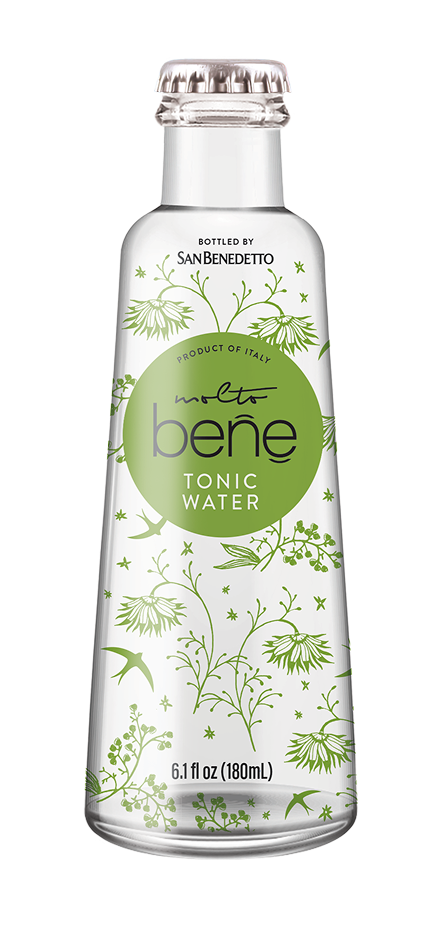 Bottle of San Benedetto tonic water with decorative label on a white background