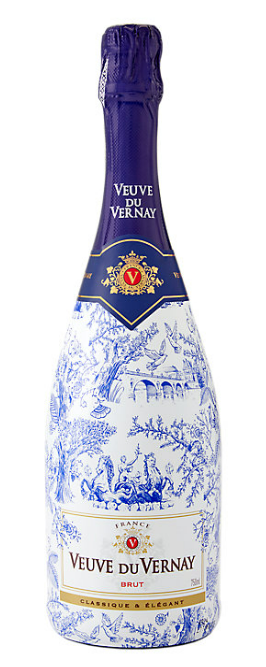 Bottle of Vèuve du Vernay champagne with blue and white design on a white background