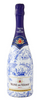 Bottle of Vèuve du Vernay champagne with blue and white design on a white background